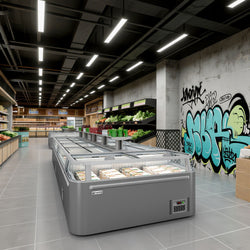 Supermarket – zamrażarka wyspowa – 1850 mm – 523 litrów – z 2 przesuwanymi drzwiami – szara