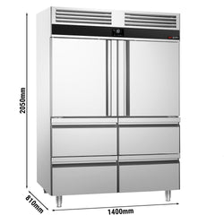 Commercial Upright Freezer Stainless steel PREMIUM - GN 2/1 - 1400L - with 2 half doors & 4 drawers