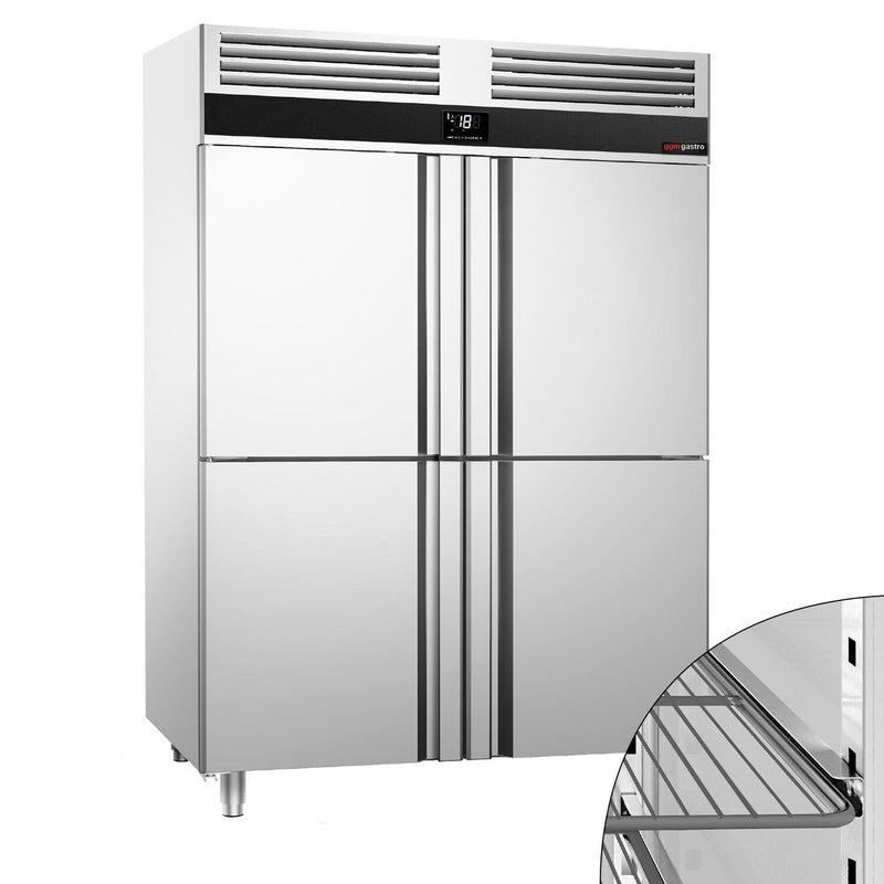 Szafa mroźnicza ze stali nierdzewnej PREMIUM - GN 2/1 - 1400L - 1400x810mm - 4 drzwi, przeszklona - chłodzenie wentylowane; samozamykające drzwi