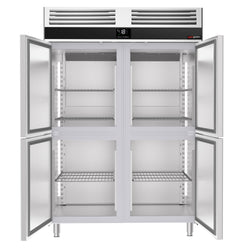Szafa mroźnicza ze stali nierdzewnej PREMIUM - GN 2/1 - 1400L - 1400x810mm - 4 drzwi, przeszklona - chłodzenie wentylowane; samozamykające drzwi