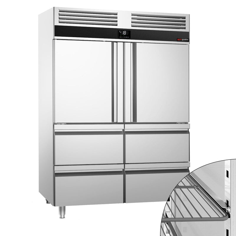 Szafa mroźnicza ze stali nierdzewnej PREMIUM - GN 2/1 - 1400L - 1400x810mm - 2 drzwi i 4 szuflady - chłodzenie wentylowane; LED