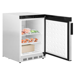 Mini chłodziarka magazynowa ze stali nierdzewnej PREMIUM – 200 litrów – z 1 drzwiami – wnętrze drzwi z tworzywa sztucznego