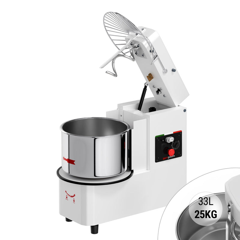 Miesiarka spiralna do ciasta - 33L / 25kg - 2 prędkości - z wyjmowaną dzieżą - z timerem - z podnoszoną głowicą - do ciast ciężkich - 400V