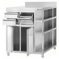 Szafka robocza – na ekspres do kawy – 1000 x 600 mm – z 2 drzwiami skrzydłowymi, 2 szufladami, wybijakiem, 3 półkami i listwą krawędziową