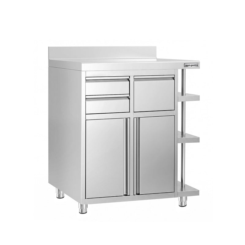 Szafka robocza – na ekspres do kawy – 1000 x 600 mm – z 2 drzwiami skrzydłowymi, 2 szufladami, wybijakiem, 3 półkami i listwą krawędziową