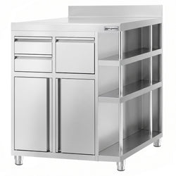 Szafka robocza – na ekspres do kawy – 1000 x 600 mm – z 2 drzwiami skrzydłowymi, 2 szufladami, wybijakiem, 3 półkami i listwą krawędziową