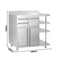Szafka robocza – na ekspres do kawy – 1200 x 600 mm – z 2 drzwiami skrzydłowymi, 2 szufladami, wyjmowaną półką, 3 półkami i listwą ochronną