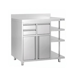 Szafka robocza – na ekspres do kawy – 1200 x 600 mm – z 2 drzwiami skrzydłowymi, 2 szufladami, wyjmowaną półką, 3 półkami i listwą ochronną