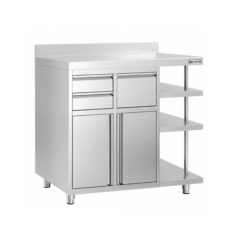 Szafka robocza – na ekspres do kawy – 1200 x 600 mm – z 2 drzwiami skrzydłowymi, 2 szufladami, wyjmowaną półką, 3 półkami i listwą ochronną