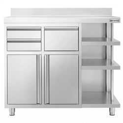 Szafka robocza – na ekspres do kawy – 1200 x 600 mm – z 2 drzwiami skrzydłowymi, 2 szufladami, wyjmowaną półką, 3 półkami i listwą ochronną