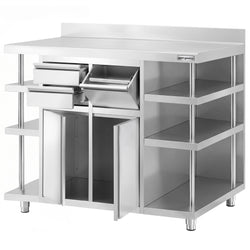 Szafka robocza – na ekspres do kawy – 1400 x 600 mm – z 2 drzwiami skrzydłowymi, 2 szufladami, wyjmowaną półką, 6 półkami i listwą krawędziową