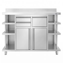 Szafka robocza – na ekspres do kawy – 1400 x 600 mm – z 2 drzwiami skrzydłowymi, 2 szufladami, wyjmowaną półką, 6 półkami i listwą krawędziową