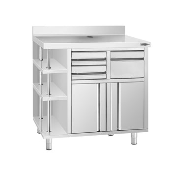 Szafka robocza - na ekspres do kawy - 1000x600 mm - z kołatką, 2 szufladami, 2 drzwiczkami i panelem tylnym - Prime Gastro