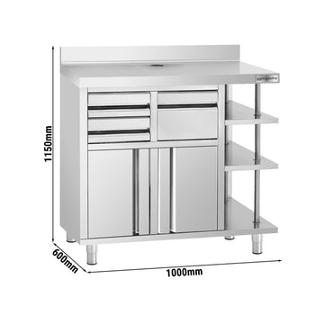 Szafka robocza - na ekspres do kawy - 1000x600 mm - z kołatką, 2 szufladami, 2 drzwiczkami i panelem tylnym - Prime Gastro