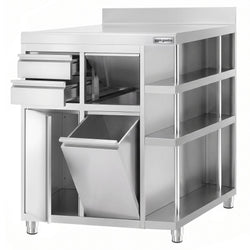 Szafka robocza – na ekspres do kawy – 1000 x 600 mm – z 1 drzwiami skrzydłowymi, 2 szufladami, koszem na śmieci, 3 półkami i obramowaniem