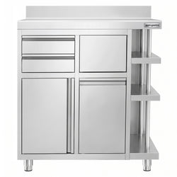 Szafka robocza – na ekspres do kawy – 1000 x 600 mm – z 1 drzwiami skrzydłowymi, 2 szufladami, koszem na śmieci, 3 półkami i obramowaniem