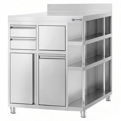 Szafka robocza – na ekspres do kawy – 1000 x 600 mm – z 1 drzwiami skrzydłowymi, 2 szufladami, koszem na śmieci, 3 półkami i obramowaniem