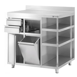 Szafka robocza – na ekspres do kawy – 1200 x 600 mm – z 1 drzwiami skrzydłowymi, 2 szufladami, koszem na śmieci, 3 półkami i obrzeżem
