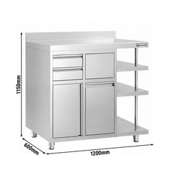Szafka robocza – na ekspres do kawy – 1200 x 600 mm – z 1 drzwiami skrzydłowymi, 2 szufladami, koszem na śmieci, 3 półkami i obrzeżem
