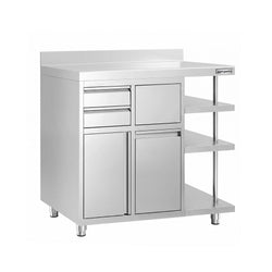 Szafka robocza – na ekspres do kawy – 1200 x 600 mm – z 1 drzwiami skrzydłowymi, 2 szufladami, koszem na śmieci, 3 półkami i obrzeżem