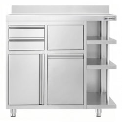 Szafka robocza – na ekspres do kawy – 1200 x 600 mm – z 1 drzwiami skrzydłowymi, 2 szufladami, koszem na śmieci, 3 półkami i obrzeżem