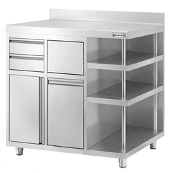 Szafka robocza – na ekspres do kawy – 1200 x 600 mm – z 1 drzwiami skrzydłowymi, 2 szufladami, koszem na śmieci, 3 półkami i obrzeżem