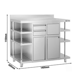 Szafka robocza – do ekspresu do kawy – 1400 x 600 mm – z 1 drzwiami skrzydłowymi, 2 szufladami, koszem na śmieci, 6 półkami i obrzeżem