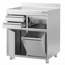 Szafka robocza – na ekspres do kawy – 1000 x 600 mm – z 1 drzwiami skrzydłowymi, 2 szufladami, koszem na śmieci i listwą górną