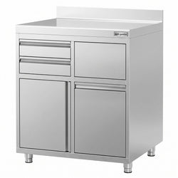 Szafka robocza – na ekspres do kawy – 1000 x 600 mm – z 1 drzwiami skrzydłowymi, 2 szufladami, koszem na śmieci i listwą górną