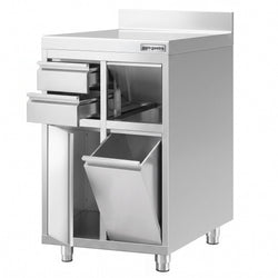 Szafka robocza – na ekspres do kawy – 600 x 600 mm – z 1 drzwiami skrzydłowymi, 2 szufladami, koszem na śmieci i listwą wykończeniową