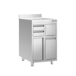 Szafka robocza – na ekspres do kawy – 600 x 600 mm – z 1 drzwiami skrzydłowymi, 2 szufladami, koszem na śmieci i listwą wykończeniową