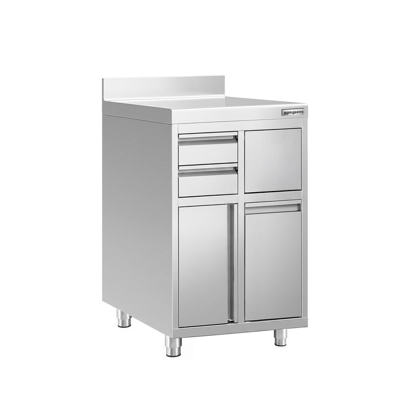 Szafka robocza – na ekspres do kawy – 600 x 600 mm – z 1 drzwiami skrzydłowymi, 2 szufladami, koszem na śmieci i listwą wykończeniową