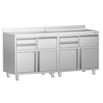 Szafka robocza – do ekspresu do kawy – 2000 x 600 mm – z 4 szufladami, 2 drzwiami, 2 koszami na śmieci i panelem tylnym