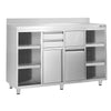 Szafka robocza ze stali nierdzewnej - 1600x600mm - z 2 drzwiami na zawiasach, 2 szufladami, powierzchnią przechowywania 4-poziomową lewą i prawą, koszem na śmieci, z rantem - pod ekspres do kawy