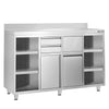 Szafka robocza ze stali nierdzewnej - 1600x600mm - z 2 drzwiami na zawiasach, 2 szufladami, powierzchnią przechowywania 4-poziomową lewą i prawą, koszem na śmieci, z rantem - pod ekspres do kawy