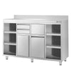 Szafka robocza ze stali nierdzewnej - 1600x600mm - z 2 drzwiami na zawiasach, 2 szufladami, powierzchnią przechowywania 4-poziomową lewą i prawą, koszem na śmieci, z rantem - pod ekspres do kawy