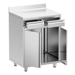 Szafka robocza ze stali nierdzewnej - 800x600mm - z drzwiami na zawiasach, 2 szuflady, z rantem