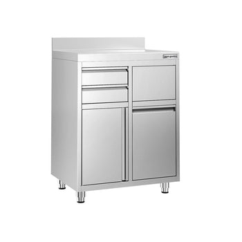 Szafka robocza – pod ekspres do kawy – 800 x 600 mm – z 2 szufladami, 1 drzwiami, koszem na śmieci i listwą przypodłogową - Prime Gastro