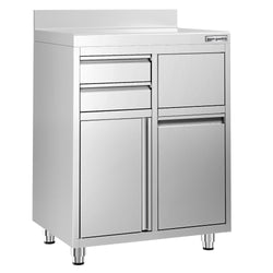 Szafka robocza ze stali nierdzewnej - 800x600mm - z drzwiami na zawiasach, 2 szuflady, kosz na śmieci, z rantem - pod ekspres do kawy