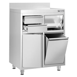 Szafka robocza ze stali nierdzewnej - 800x600mm - z drzwiami na zawiasach, 2 szuflady, kosz na śmieci, z rantem - pod ekspres do kawy