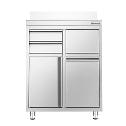 Szafka robocza ze stali nierdzewnej - 800x600mm - z drzwiami na zawiasach, 2 szuflady, kosz na śmieci, z rantem - pod ekspres do kawy