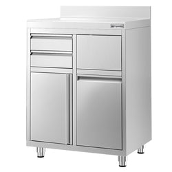 Szafka robocza ze stali nierdzewnej - 800x600mm - z drzwiami na zawiasach, 2 szuflady, kosz na śmieci, z rantem - pod ekspres do kawy