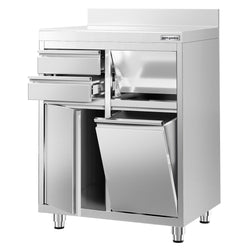 Szafka robocza ze stali nierdzewnej - 800x600mm - z drzwiami na zawiasach, 2 szuflady, kosz na śmieci, z rantem - pod ekspres do kawy