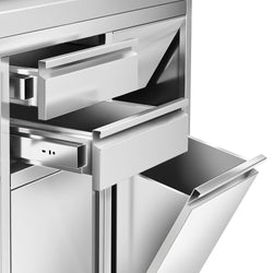 Szafka robocza – na ekspres do kawy – 600 x 600 mm – z 1 drzwiami skrzydłowymi, 2 szufladami, koszem na śmieci i listwą wykończeniową