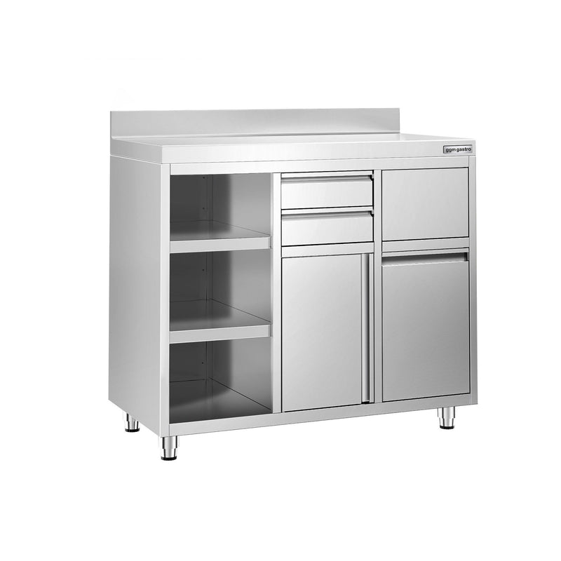 Szafka robocza ze stali nierdzewnej - 1292x600mm - z drzwiami na zawiasach, 2 szufladami, koszem na śmieci, powierzchnią przechowywania 2-poziomową po lewej stronie, z rantem - pod ekspres do kawy