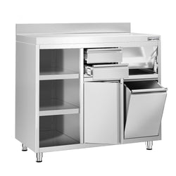 Szafka robocza ze stali nierdzewnej - 1292x600mm - z drzwiami na zawiasach, 2 szufladami, koszem na śmieci, powierzchnią przechowywania 2-poziomową po lewej stronie, z rantem - pod ekspres do kawy