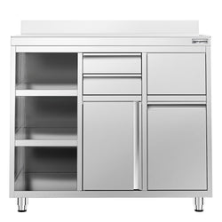 Szafka robocza ze stali nierdzewnej - 1292x600mm - z drzwiami na zawiasach, 2 szufladami, koszem na śmieci, powierzchnią przechowywania 2-poziomową po lewej stronie, z rantem - pod ekspres do kawy