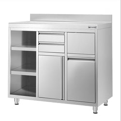Szafka robocza ze stali nierdzewnej - 1292x600mm - z drzwiami na zawiasach, 2 szufladami, koszem na śmieci, powierzchnią przechowywania 2-poziomową po lewej stronie, z rantem - pod ekspres do kawy