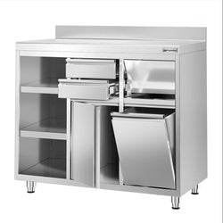 Szafka robocza ze stali nierdzewnej - 1292x600mm - z drzwiami na zawiasach, 2 szufladami, koszem na śmieci, powierzchnią przechowywania 2-poziomową po lewej stronie, z rantem - pod ekspres do kawy