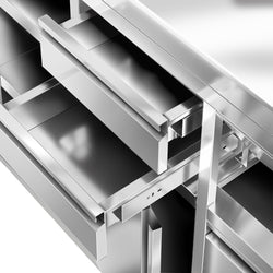 Szafka robocza ze stali nierdzewnej - 1292x600mm - z drzwiami na zawiasach, 2 szufladami, koszem na śmieci, powierzchnią przechowywania 2-poziomową po lewej stronie, z rantem - pod ekspres do kawy